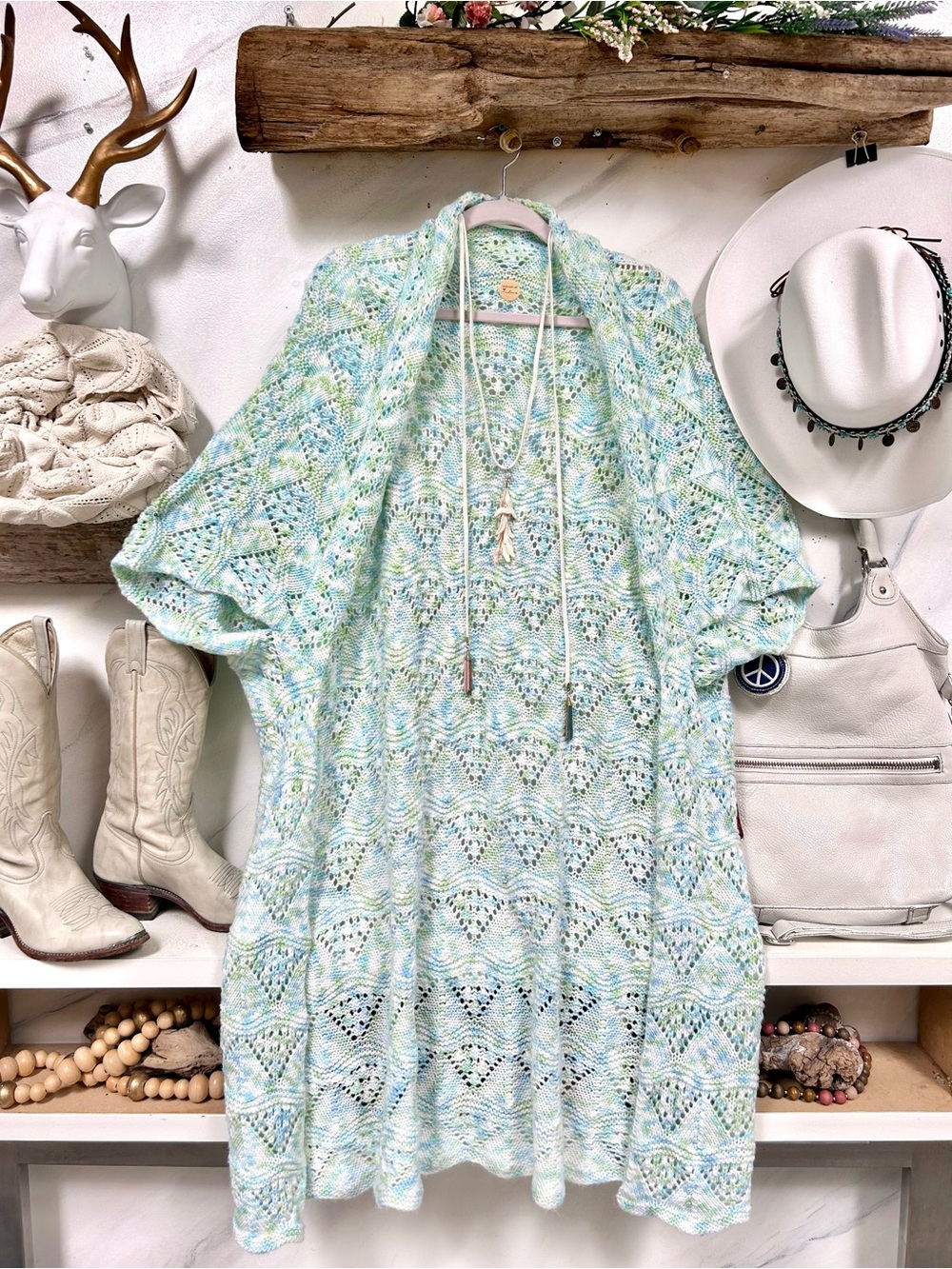 Vintage Mint & White Knit Open-Front cocoon kimono shrug